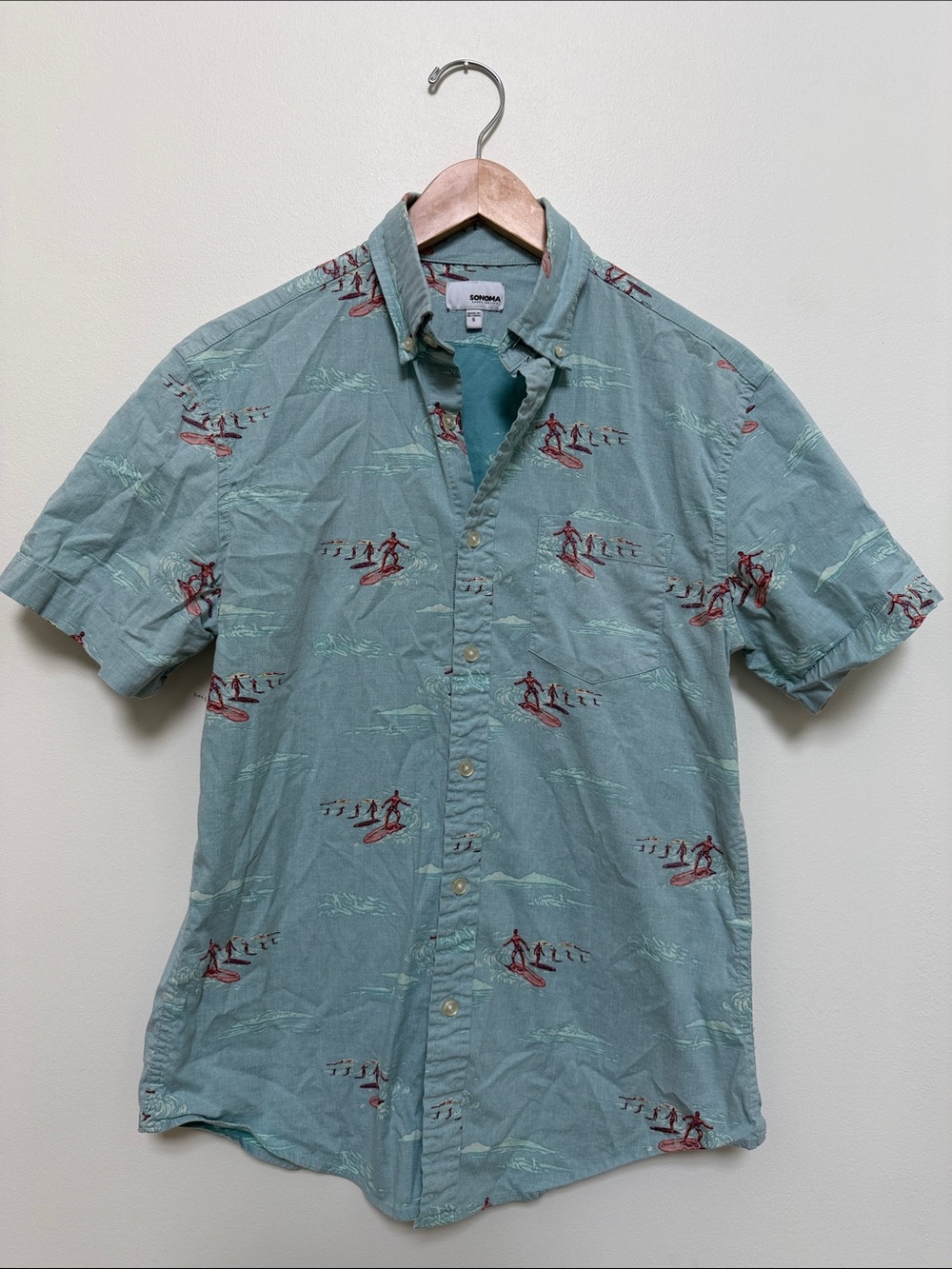 Sonoma Aqua Short-Sleeve Button-Down with Red Surf Prints